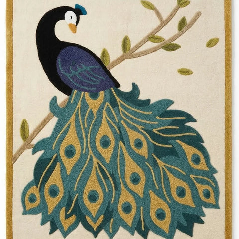 Art Deco Peacock Rug, Hand Tufted statement floor Art for home decor