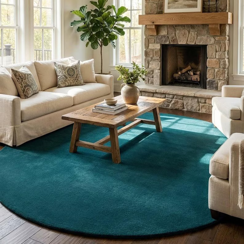 Dark Teal Round Area Rug 9x9 – Luxury Hand Tufted New Zealand Wool, Solid Modern Living Room Carpet, Thick Plush Contemporary Rug
