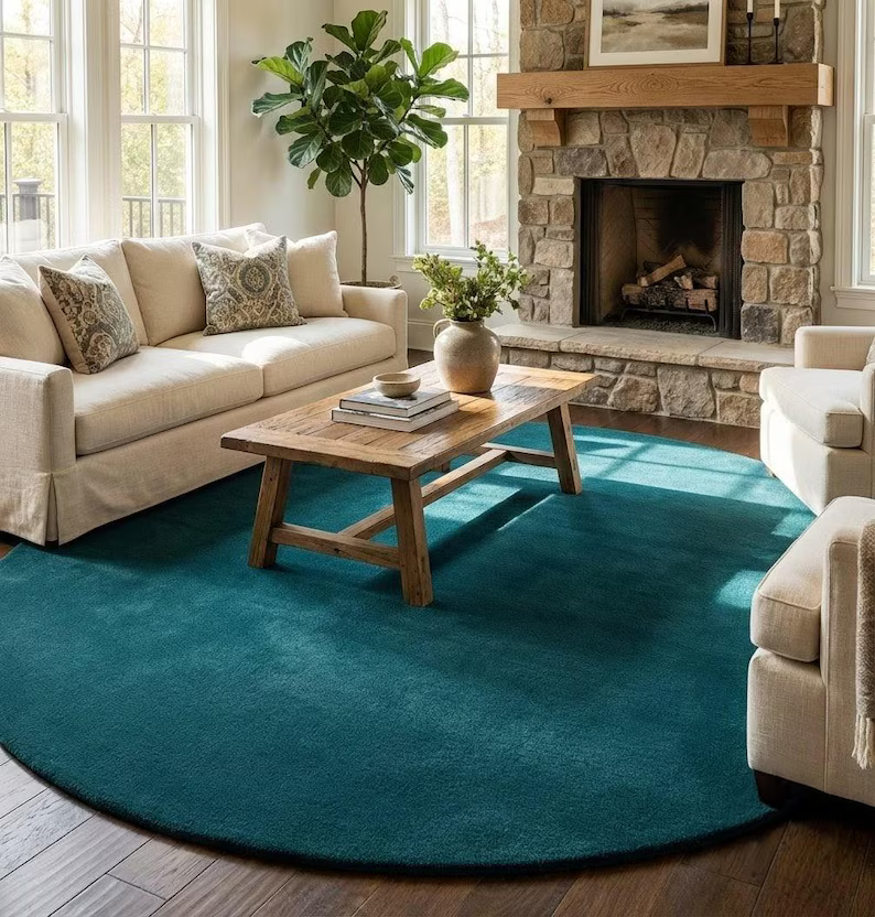 Dark Teal Round Area Rug 9x9 – Luxury Hand Tufted New Zealand Wool, Solid Modern Living Room Carpet, Thick Plush Contemporary Rug