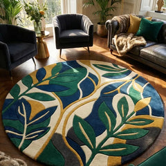 Luxury Round Botanical Rug | Hand Tufted 100% New Zealand Wool Leaf Area Carpet