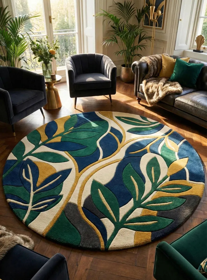 Luxury Round Botanical Rug | Hand Tufted 100% New Zealand Wool Leaf Area Carpet