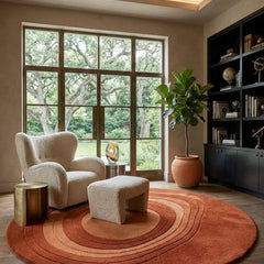 Round Abstract Wool Area Rug, Hand Tufted Modern Design, Terracotta & Burnt Orange Circle, Luxury Living Room & Bedroom Decor