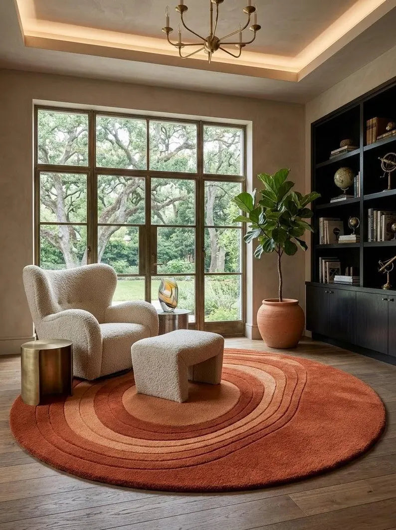 Round Abstract Wool Area Rug, Hand Tufted Modern Design, Terracotta & Burnt Orange Circle, Luxury Living Room & Bedroom Decor
