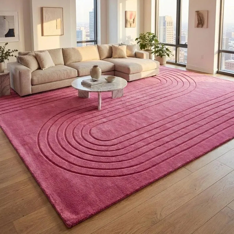 Blush Pink Hand-Tufted Rug | 100% New Zealand Wool Curved Modern Luxury Area Rug