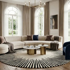 White & Black Round Area Rug | Hand Tufted New Zealand Wool Sunburst Carpet | Modern Luxury Floor Decor