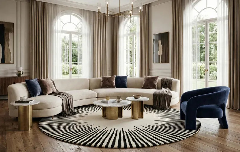 White & Black Round Area Rug | Hand Tufted New Zealand Wool Sunburst Carpet | Modern Luxury Floor Decor