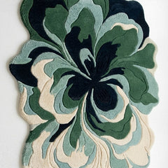 Green & Navy Botanical Flower Rug, Organic Shaped Statement Rug for Living Room & Bedroom