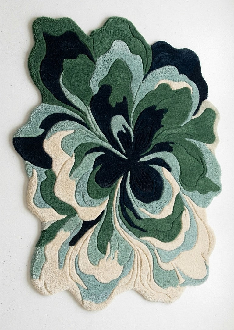 Green & Navy Botanical Flower Rug, Organic Shaped Statement Rug for Living Room & Bedroom