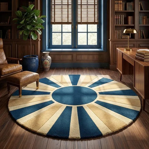 Blue & Beige Round Wool Rug | Modern Sunburst Hand Tufted Carpet