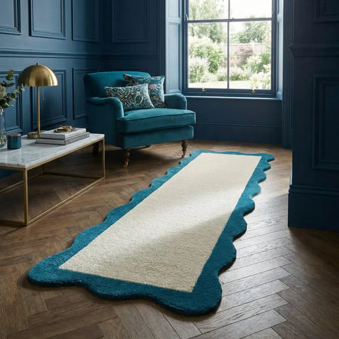 Hand Tufted Wool Runner Rug | Teal & White Modern Hallway Rug