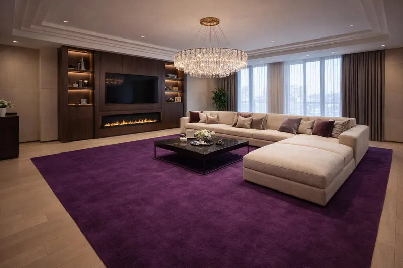 Plush Aubergine Shag Rug, Deep Purple Velvet, Modern Living Room Decor