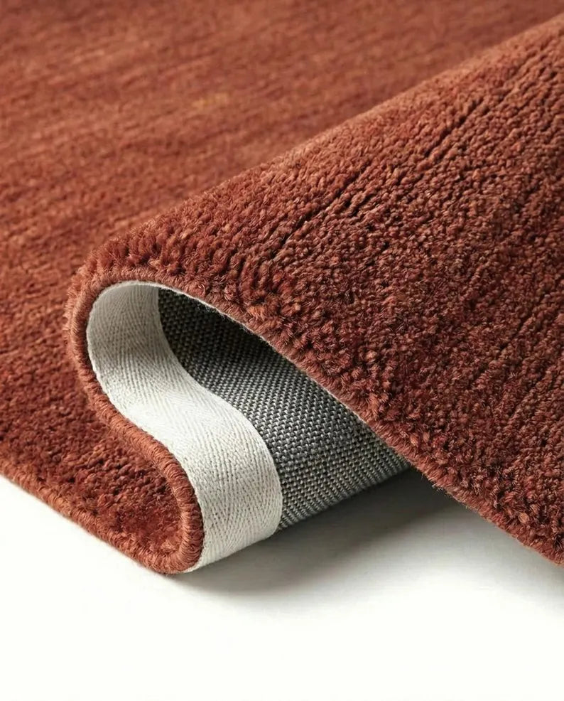 Luxury Hand Tufted New Zealand Wool Area Carpet | Solid Terracotta Modern Area Rug for Living Room & Dining Space