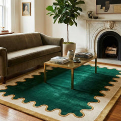 Modern Green Scalloped Edge Rug | Hand Tufted New Zealand Wool Luxury Living Room Area Rug