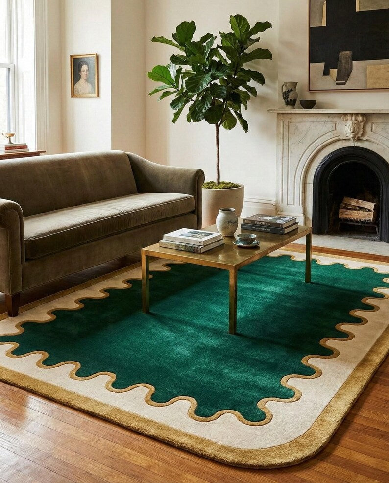 Modern Green Scalloped Edge Rug | Hand Tufted New Zealand Wool Luxury Living Room Area Rug