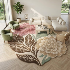 Hand Tufted Floral Area Rug – Pink & Sage Botanical Flower Rug, Vintage Boho Leaf Carpet for Living Room & Bedroom