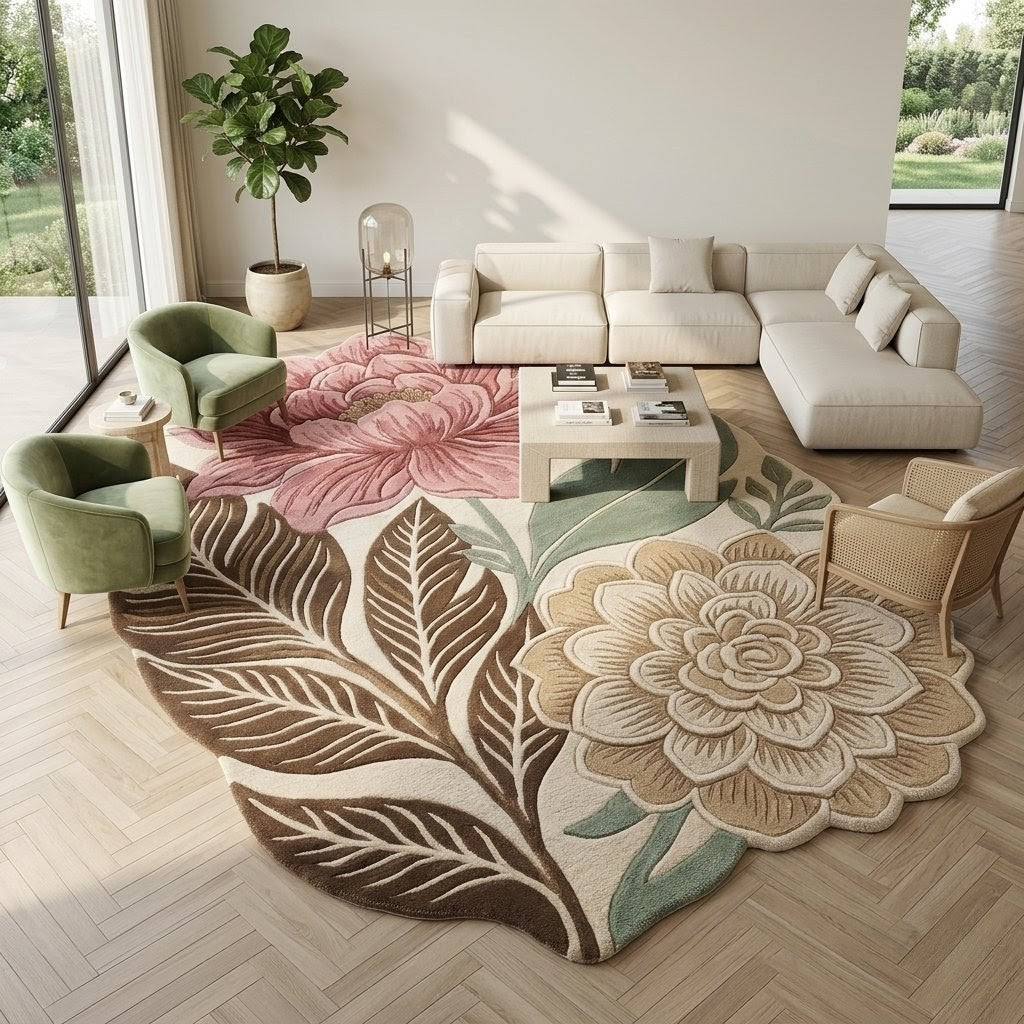 Hand Tufted Floral Area Rug – Pink & Sage Botanical Flower Rug, Vintage Boho Leaf Carpet for Living Room & Bedroom