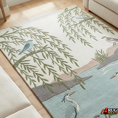 Hand Tufted New Zealand Wool Area Rug with Elegant Bird & Nature Art Design for Living Room & Bedroom Home Décor