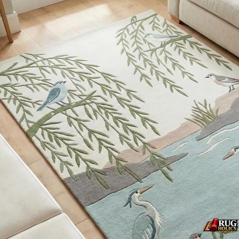 Hand Tufted New Zealand Wool Area Rug with Elegant Bird & Nature Art Design for Living Room & Bedroom Home Décor