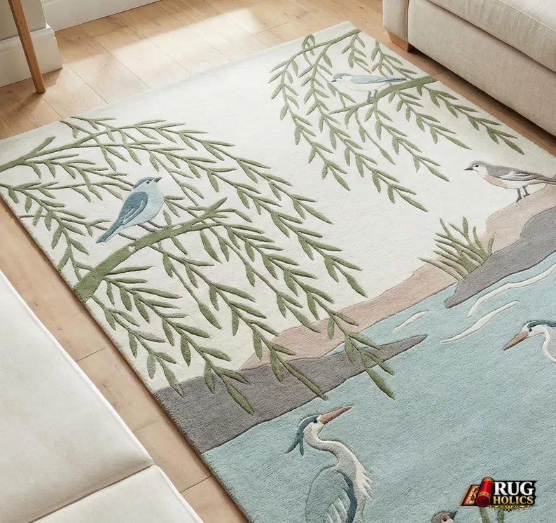 Hand Tufted New Zealand Wool Area Rug with Elegant Bird & Nature Art Design for Living Room & Bedroom Home Décor