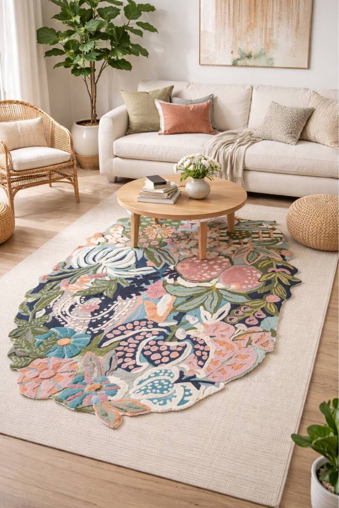 Luxury Irregular Floral Wool Rug - Premium Hand Tufted Area Carpet for Bedroom, Living Room & Home Decor