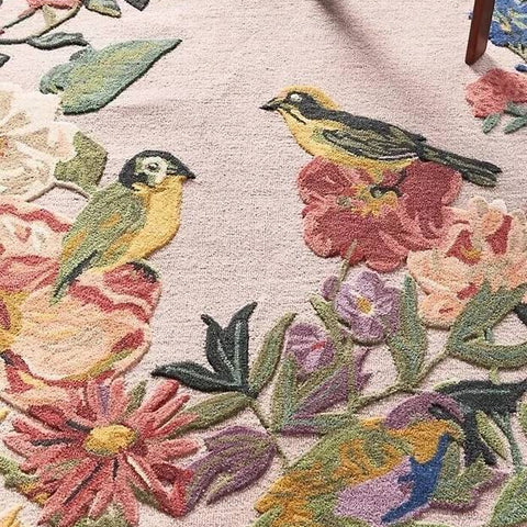 Premium Hand Tufted Floral Bird Wool Carpet | Luxury Botanical Area Rug for Living Room & Bedroom Home Décor