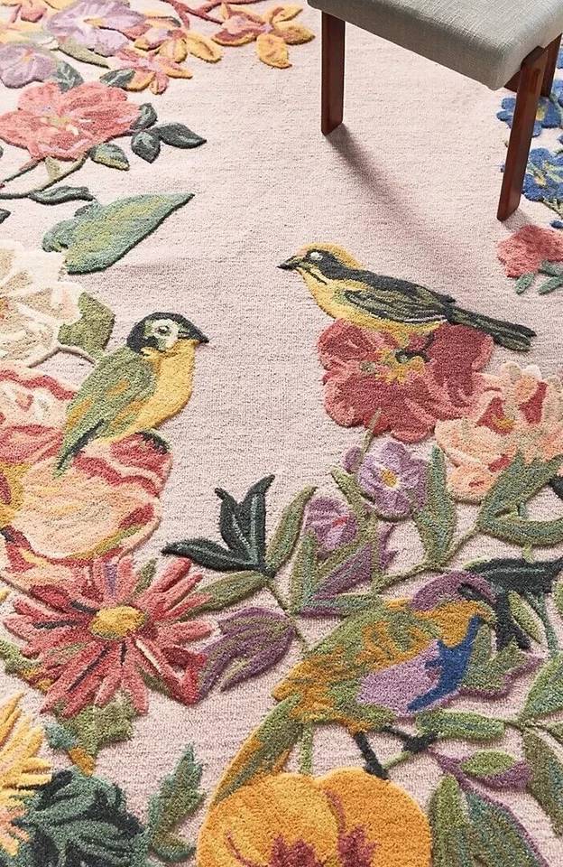 Premium Hand Tufted Floral Bird Wool Carpet | Luxury Botanical Area Rug for Living Room & Bedroom Home Décor