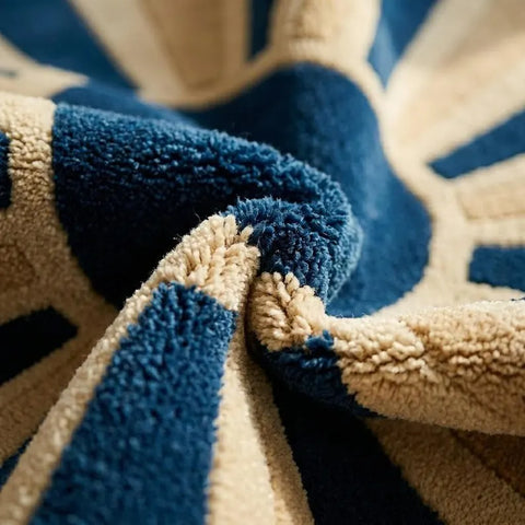 Blue & Beige Round Wool Rug | Modern Sunburst Hand Tufted Carpet
