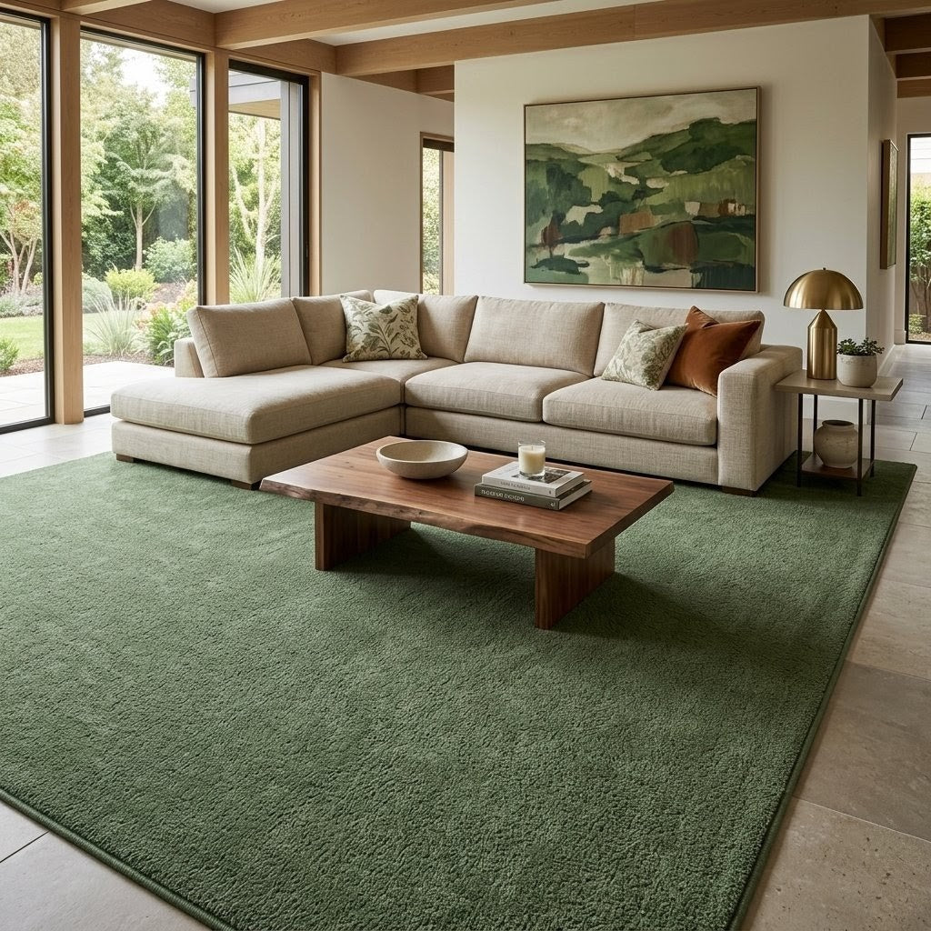 Premium Solid Olive Green Hand Tufted Wool Carpet | Modern Luxury Minimalist Area Rug for Living Room & Bedroom
