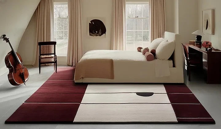 Hand Tufted Premium Color-Block Wool Carpet | Modern Burgundy & Cream Area Rug for Living Room & Bedroom