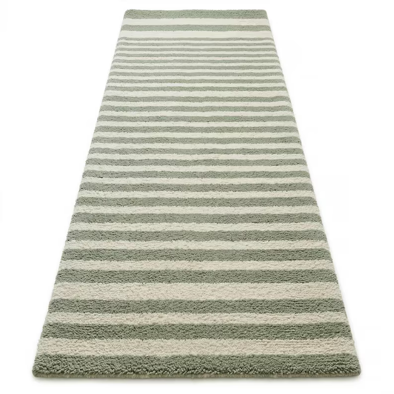 Sage Green Striped Runner Rug – Hand Tufted Wool Scandinavian Minimalist Hallway Carpet Home Decor