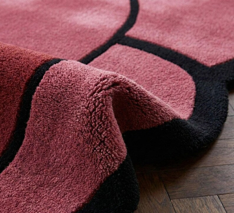 Hand Tufted New Zealand Wool Area Rug | Irregular Maroon & Jet Black Luxury Designer Carpet