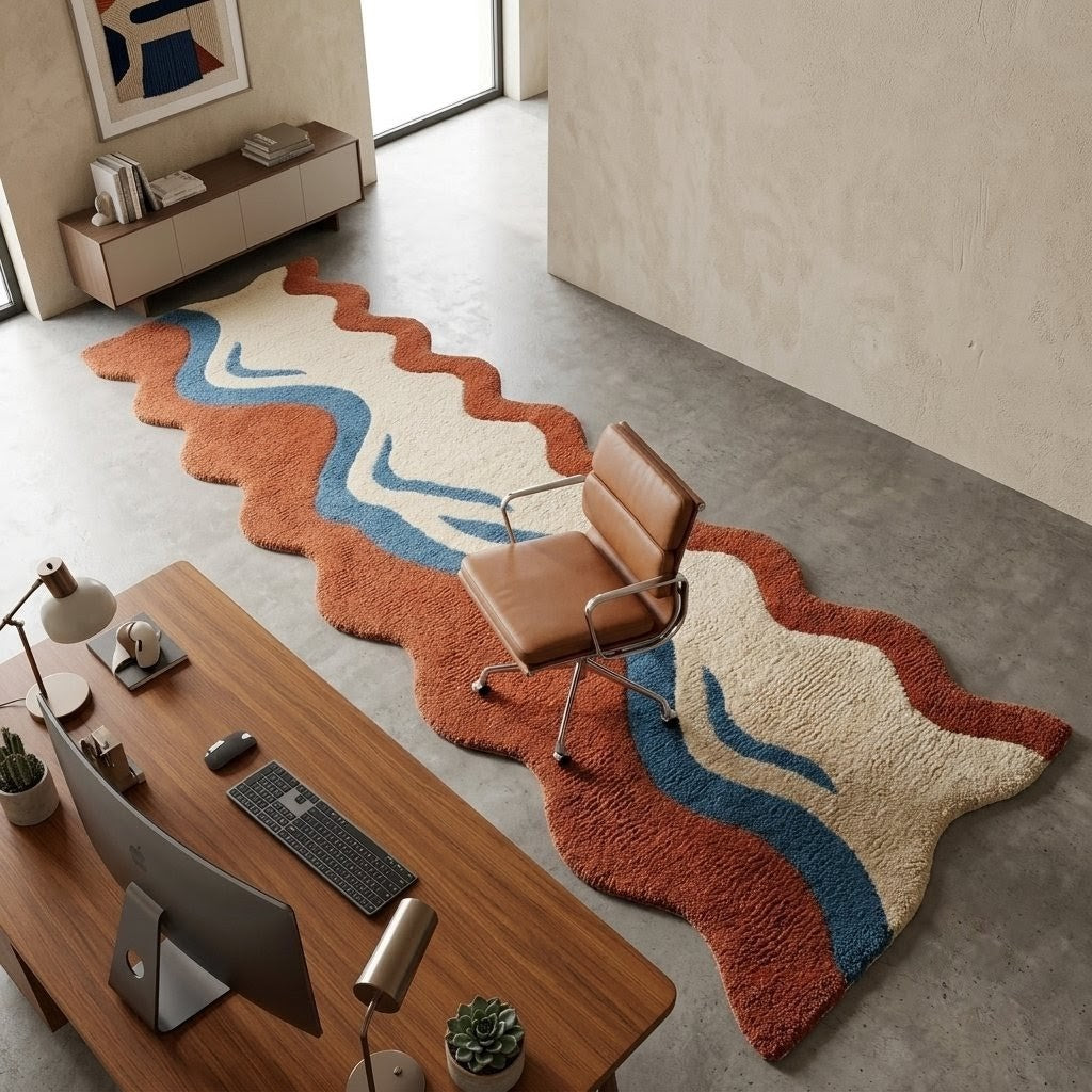 Hand Tufted Abstract Runner Rug – Terracotta Blue & Cream Wavy Area Rug, Modern Organic Shaped Hallway Carpet