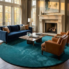 Dark Teal Round Area Rug 9x9 – Luxury Hand Tufted New Zealand Wool, Solid Modern Living Room Carpet, Thick Plush Contemporary Rug