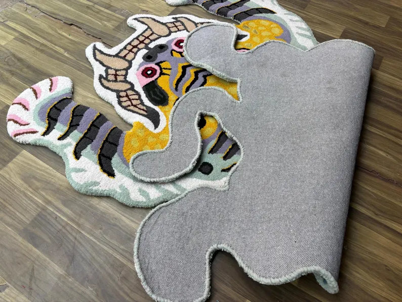 Hand Tufted New Zealand Wool Animal Rug | Modern White Tiger Shape Area Rug |  Unique Artistic Statement Carpet