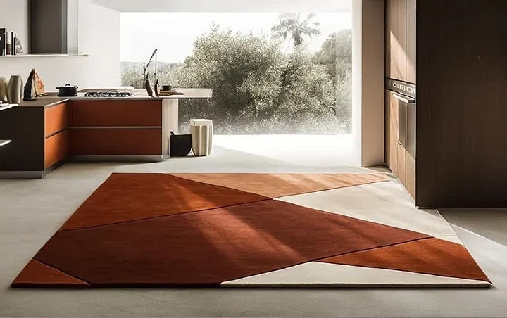 Modern Geometric Hand-Tufted Wool Rug | Luxury Designer Carpet in Terracotta, Rust & Cream for Living Room & Bedroom