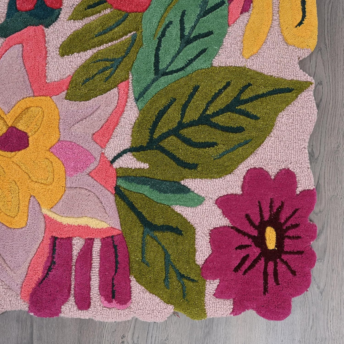 Pink Floral Irregular Rug, Hand Tufted Plush Botanical Carpet, Maximalist Home Decor