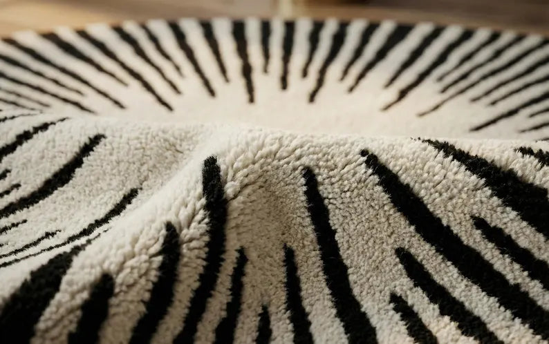 White & Black Round Area Rug | Hand Tufted New Zealand Wool Sunburst Carpet | Modern Luxury Floor Decor