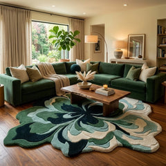 Green & Navy Botanical Flower Rug, Organic Shaped Statement Rug for Living Room & Bedroom
