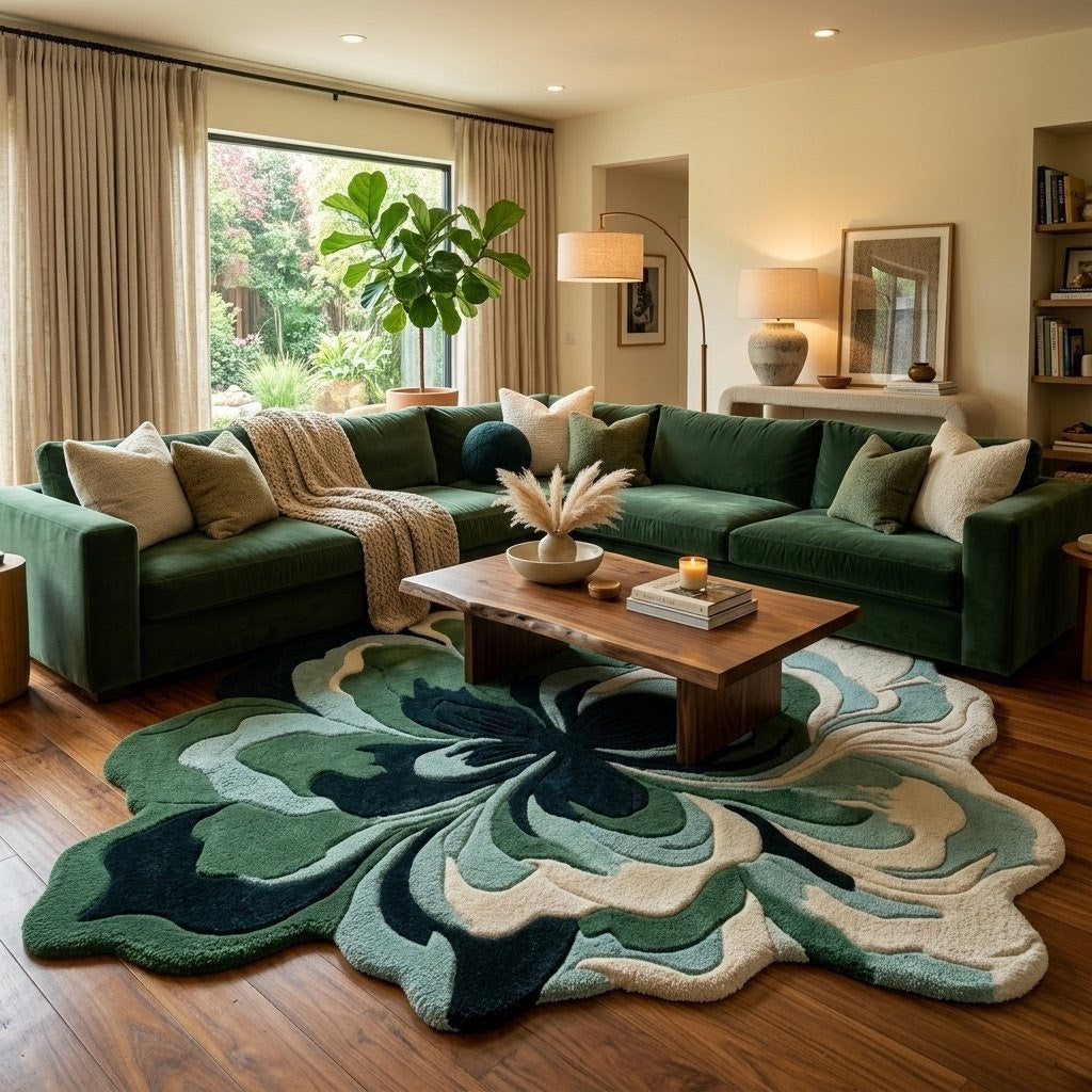 Green & Navy Botanical Flower Rug, Organic Shaped Statement Rug for Living Room & Bedroom