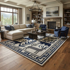 Wildlife Hand Tufted Rug – Bear & Deer Forest Wool Area Rug, Scandinavian Folk Art Rug, Rustic Cabin Decor