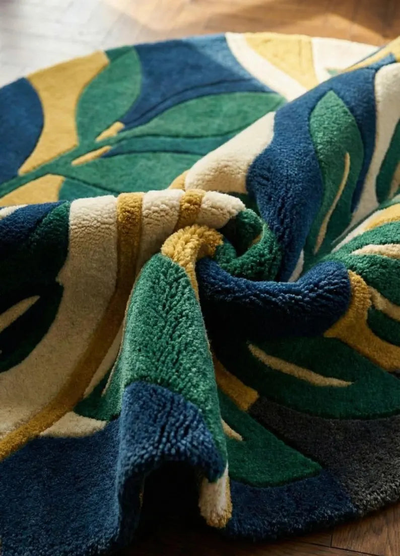 Luxury Round Botanical Rug | Hand Tufted 100% New Zealand Wool Leaf Area Carpet