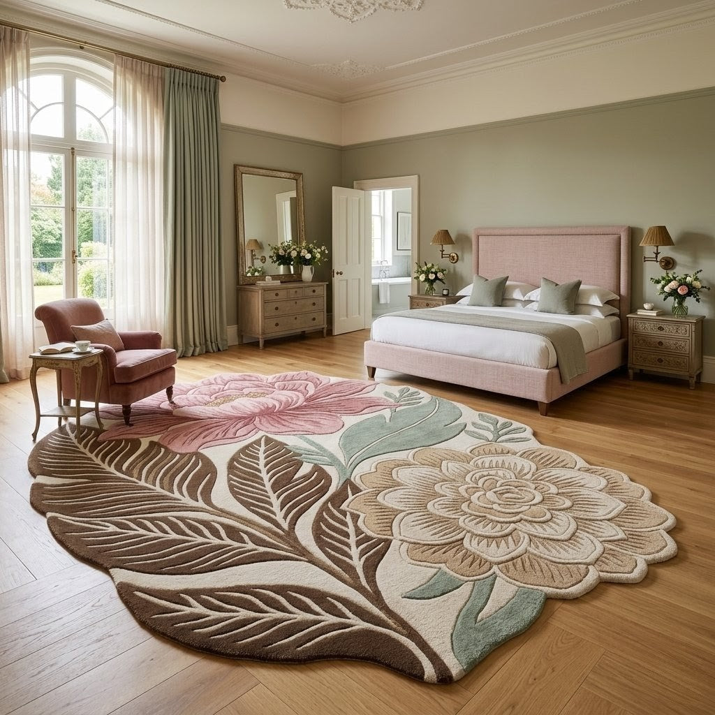 Hand Tufted Floral Area Rug – Pink & Sage Botanical Flower Rug, Vintage Boho Leaf Carpet for Living Room & Bedroom