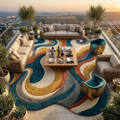 Abstract Wavy Rug, Hand Tufted Wool Rug, Colorful Irregular Shape Carpet, Psychedelic Retro Rug, Modern Living Room Decor