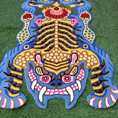 Blue Tiger Shape Area Rug | Hand Tufted New Zealand Wool Abstract Animal Rug | Modern Statement Carpet