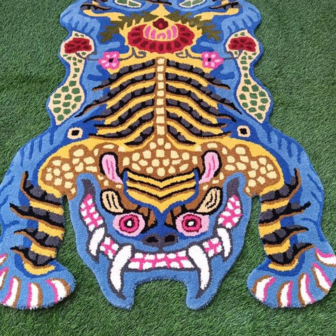 Blue Tiger Shape Area Rug | Hand Tufted New Zealand Wool Abstract Animal Rug | Modern Statement Carpet