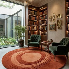 Round Abstract Wool Area Rug, Hand Tufted Modern Design, Terracotta & Burnt Orange Circle, Luxury Living Room & Bedroom Decor