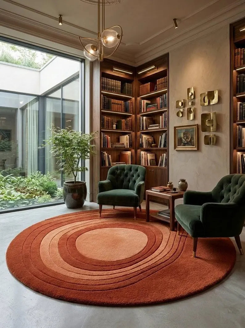 Round Abstract Wool Area Rug, Hand Tufted Modern Design, Terracotta & Burnt Orange Circle, Luxury Living Room & Bedroom Decor
