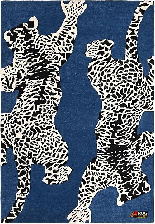 5x8 Blue & White Leopard Wool Area Rug | Hand Tufted New Zealand Wool Animal Carpet | Modern Luxury Living Room, Bedroom & Contemporary Home Decor