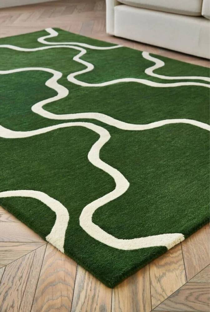 Modern Green & White Abstract Wool Area Rug – Home Décor Carpet for Living Room & Bedroom