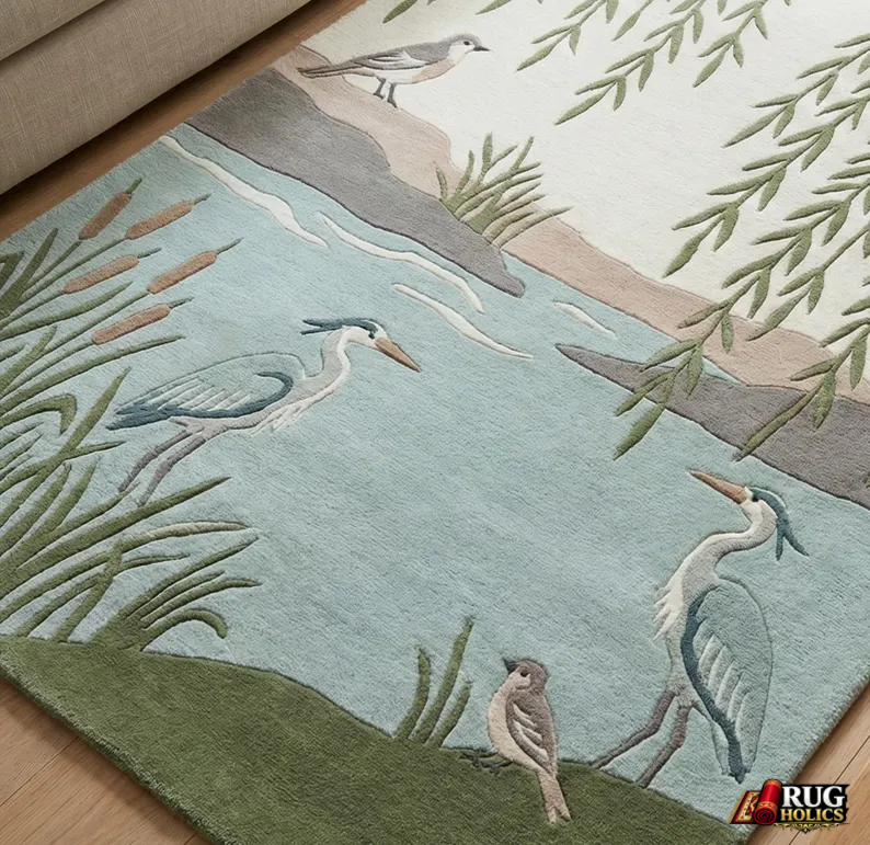 Hand Tufted New Zealand Wool Area Rug with Elegant Bird & Nature Art Design for Living Room & Bedroom Home Décor